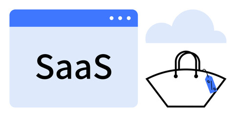 SaaS platform window with blue header beside a shopping bag with a price tag and a cloud. Ideal for cloud technology, e-commerce, software, digital marketing, online business, data storage, user