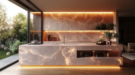 A modern kitchen in blush pink tones, smooth cabinetry, soft pink backsplash, beige marble countertops, golden handles, and warm lighting for a chic and cozy vibe