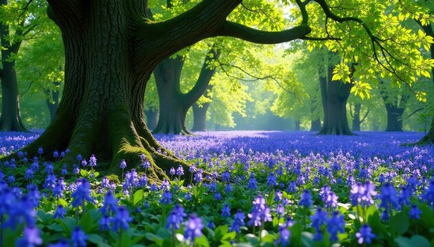 Dense bluebell carpet beneath ancient tree branches, spring, foliage, nature