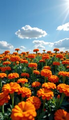 Fototapeta premium A captivating twilight scene unfolds across a field of vibrant orange marigold flowers, their petals aglow in the soft, fading light.