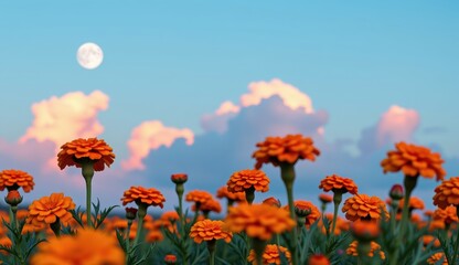 Obraz premium A captivating twilight scene unfolds across a field of vibrant orange marigold flowers, their petals aglow in the soft, fading light.