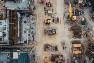 Detailed Picture of Busy Construction Site and Construction Equipment Aerial Top View