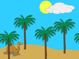 A Camel in the desert and surrounded by date palms