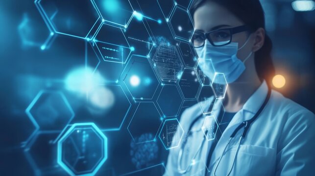 Futuristic abstract technology and medical background with hexagonal pattern, showcasing innovative healthcare concepts, digital medicine advancements, scientific research, and high-tech data visualiz