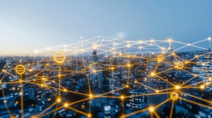 Futuristic Urban Cityscape with Digital Network Connections at Sunset