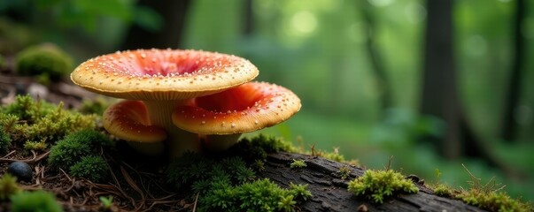 Matsutake mushrooms forming a ring around a fallen tree trunk on a mountain slope, forest floor, fungi