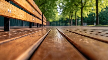 Fototapeta premium Wooden bench park path, summer trees background, relaxing place
