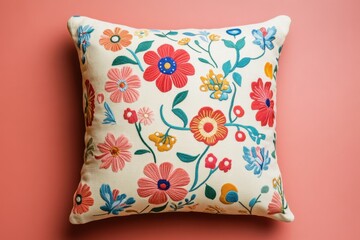 Decorative floral pillow with colorful embroidery against a soft background