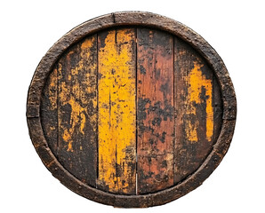 Fototapeta premium Close-up of an aged wooden barrel head, showcasing its rustic texture and rich color palette.