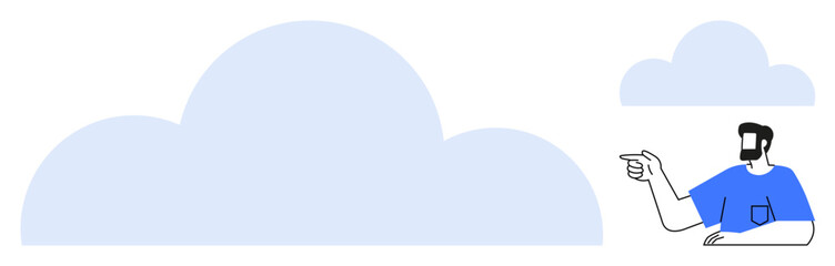 Man in blue shirt pointing towards large cloud. Ideal for technology, internet, cloud computing, data storage, innovation, creativity, communication. Abstract line flat metaphor