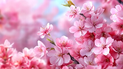 Fototapeta premium Pink Cherry Blossoms Spring Floral Background - Watercolor art