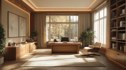 Fototapeta premium A tranquil home office in muted honey tones with honey-colored walls wooden furniture beige accents and warm lighting creating a sunny and cozy design