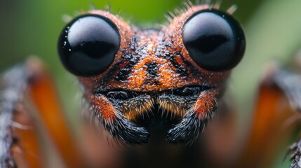 Macro Shot Capturing The Intense Gaze Of An Orange Spider With Massive Eyes.