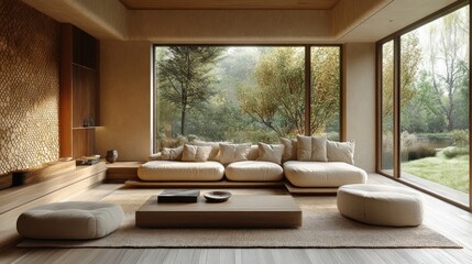 Fototapeta premium A tranquil study in warm honeycomb tones featuring honeycomb-colored walls wooden furniture beige accents and glowing ambient light creating a sunny and cozy setup 