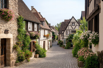 A narrow street lined with houses and trees