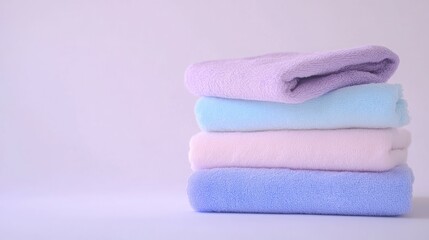 Soft pastel towels stacked neatly.  A calming, clean aesthetic.