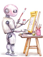 Naklejka premium Robot Artist Painting Watercolor Artwork - AI Art
