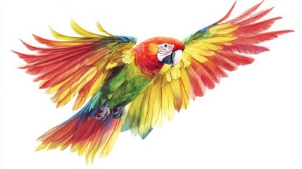 Obraz premium Vibrant macaw in flight, a burst of color against a white background.
