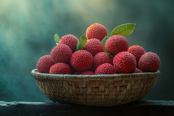 Ripe Rambutan Fruits in a Rustic Basket