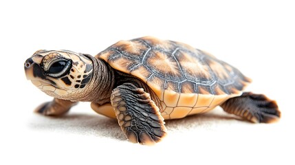 Fototapeta premium A baby sea turtle walking on a surface with a white background