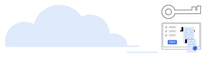 Large cloud alongside a key securing an online payment on a digital device. Ideal for themes such as digital security, online transactions, cloud storage, encryption, financial technology