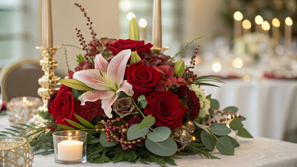 Obraz premium Elegant floral arrangement with red roses and lilies for festive table