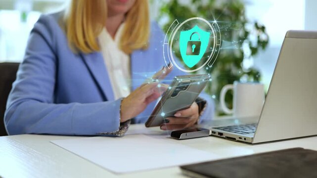 Woman working on phone at office, CGI Cyber security icon, data protection concept