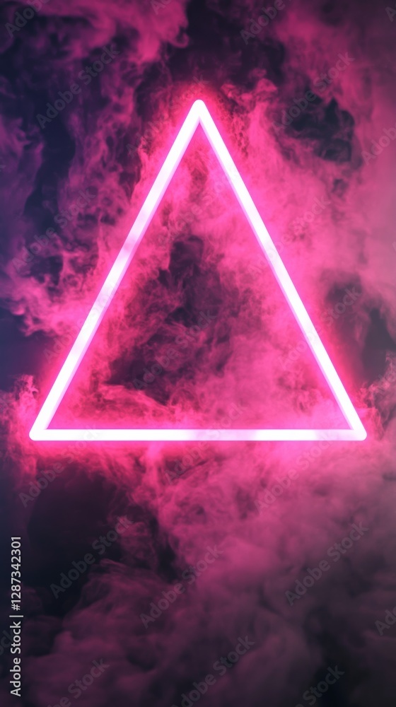 Poster pink neon triangle glowing in misty smoke on dark background, futuristic and surreal atmosphere. neo