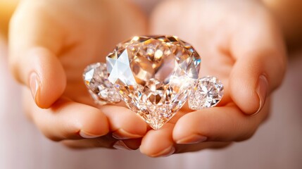 Radiant Embrace: Delicate hands cradle a dazzling, oversized diamond, showcasing its exceptional brilliance and captivating sparkle in a scene of luxury. 