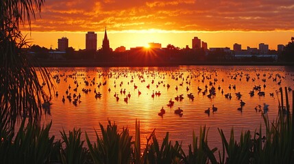 Obraz premium Sunrise city lake birdscape, fiery sunset