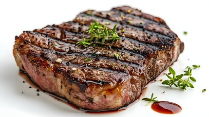 Grilled steak garnished with fresh herbs on a white plate, showcasing culinary presentation