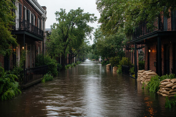 Obraz premium A flooded street with a row of houses on either side