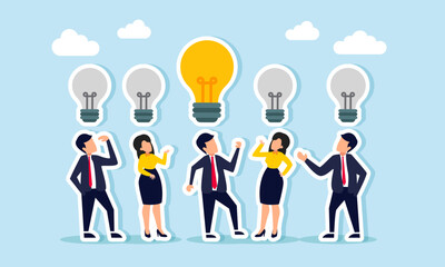 Businesspeople are talking under broken lamps, but one lit lamp shines above, illustration of one idea among many that is more relevant and better to implement