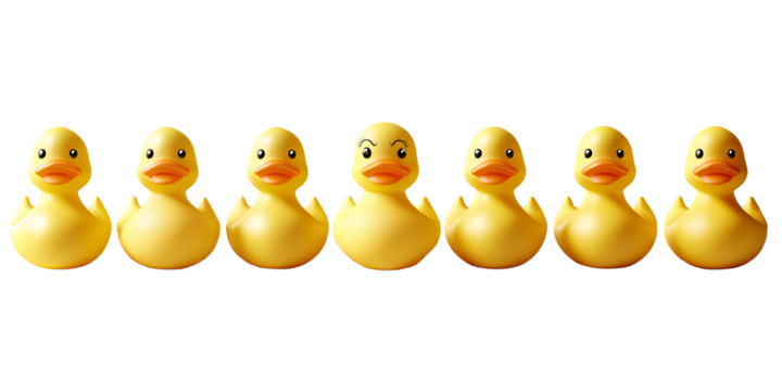 Seven yellow rubber ducks, one expressing anger, arranged in a neat row against a black backdrop.