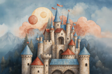 A fantastical castle with blue and red spires stands against a backdrop of mountains and clouds. The scene is bathed in a dreamy light, with a large sun and moon adding a whimsical touch to the sky.