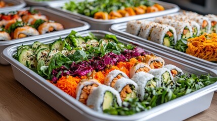 Obraz premium A colorful assortment of sushi rolls displayed in trays, featuring various ingredients and garnishes, showcasing the artistry of sushi preparation.
