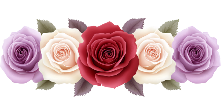 Five roses in shades of lavender, cream, and crimson create a visually stunning floral arrangement.