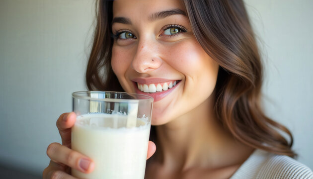 Young woman drinking kefir or yogurt. Kefir and yogurt health benefits concept