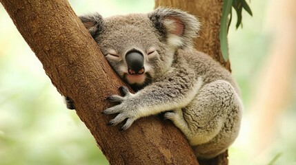 Naklejka premium Adorable koala bear sleeping soundly in a eucalyptus tree.