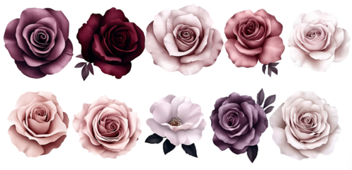 A stunning collection of ten roses in various shades of pink, purple, and burgundy.