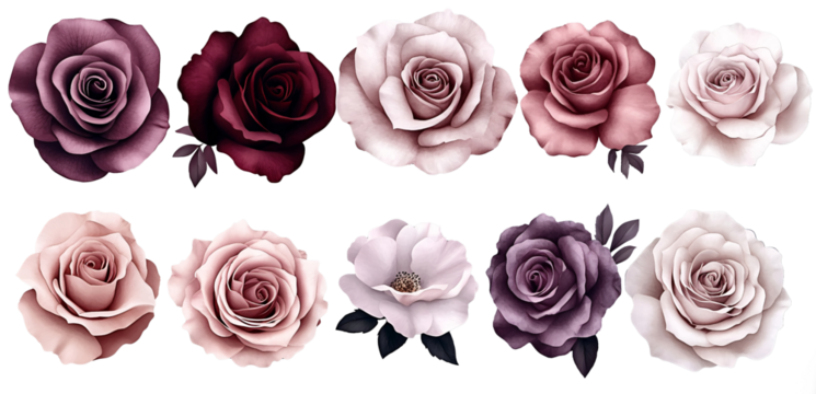 A stunning collection of ten roses in various shades of pink, purple, and burgundy.