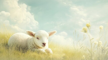 Obraz premium Sweet lamb resting in a field of tall grass under a bright sky.