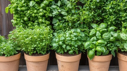 A row of green herbs in terracotta pots, showcasing a variety of lush plants, ideal for cooking or gardening enthusiasts.