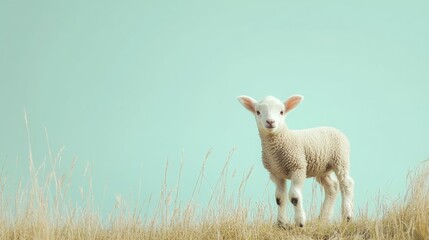 Obraz premium Adorable lamb in a field of tall grass against a pastel blue sky.