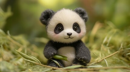 Obraz premium Adorable handmade panda bear plush toy, nestled in greenery.