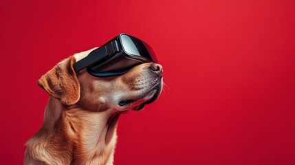 Labrador retriever wearing virtual reality goggles on a red background, curious expression. Futuristic technology and pet interaction concept