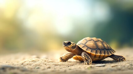 Baby tortoise crawls on the sand in the sunlight.