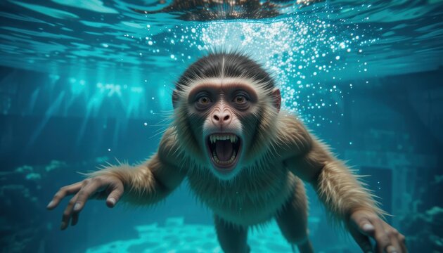 Underwater Monkey Portrait: A Dramatic Closeup of a Swimming Primate with Bared Teeth