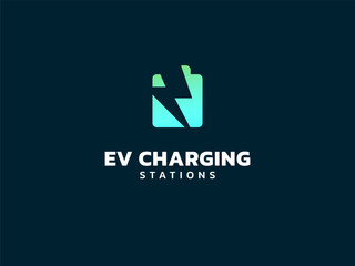 Electric vehicle charging with lightning bolt overlapping in Battery Shape Symbol logo vector design concept. EV charging logotype symbol for Electric Car, EV station, ui, infographic, clean energy.