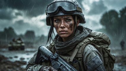 Obraz premium Battlefield Valor: The Strength of a Female Warrior